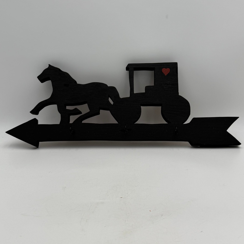 Vintage Wooden Horse and Carriage Key Rack Wall Mount Black Folk Art 17.5 Inch